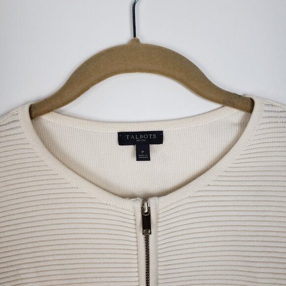 Talbots Ivory Ribbed Knit Peplum Sweater Jacket Full Zip Crew Neck Size PXS - Picture 3 of 5